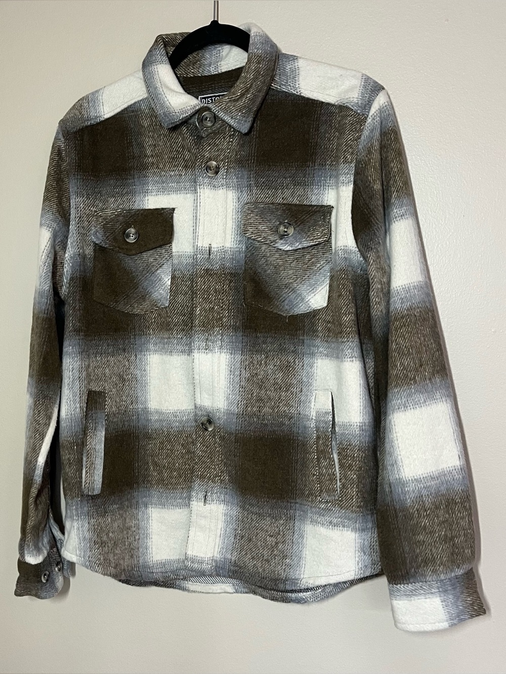 Men's Thick Plaid Flannel Button-Down Shirt Jacket - Brown & White